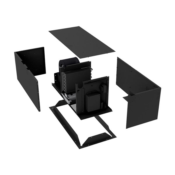 Exploded view of black ceiling mount split ductless cooling system housing parts