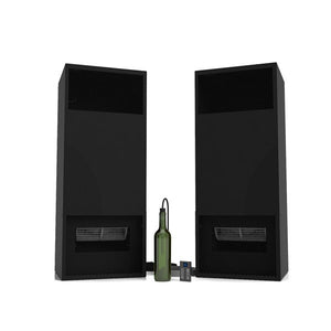 Pair of black ceiling cooling vent units with mesh grilles and bottle
