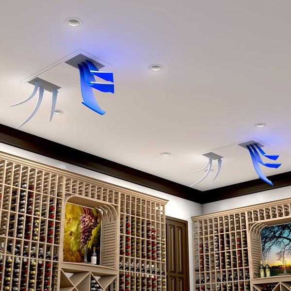 Ceiling-mount ductless cooling unit with airflow vents and blue airflow indicators