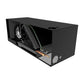 Black ductless cooling unit housing with internal components, open side view