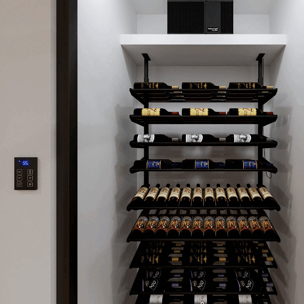 Wine cellar interior with bottle racks and wall temperature controller for cooling system