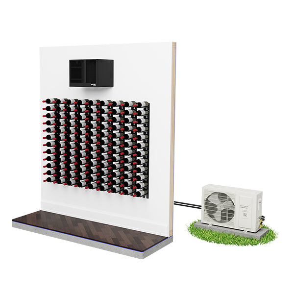 Ductless wine cellar cooling system condenser with connecting lines beside bottle storage wall