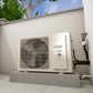 Outdoor wall-mounted split-system condenser with fan grille and side connection fittings