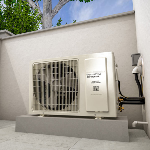 Outdoor wall-mounted split-system condenser with fan grille and side connection fittings
