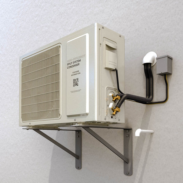 Wall-mounted split-system condenser unit, cream/white with open service cover and pipes