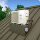 Cream/white outdoor condenser unit on raised wall mount with insulated line connections