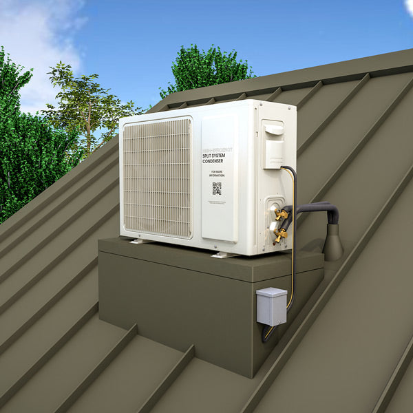 Cream/white outdoor condenser unit on raised wall mount with insulated line connections