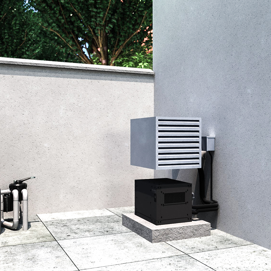 Compact outdoor condenser unit with vented top panel and attached refrigerant lines