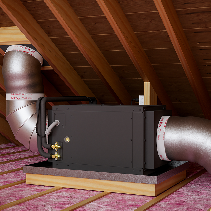 Condenser unit installed in ceiling with insulated silver duct connections