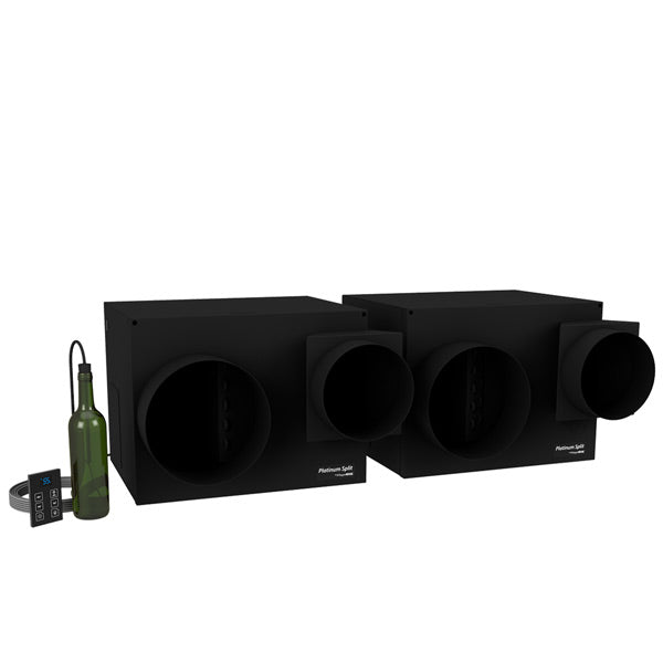 Black ducted wine cellar cooling unit with twin circular fan openings and duct ports