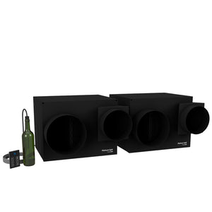 Black ducted wine cellar cooling unit with twin circular fan openings and duct ports