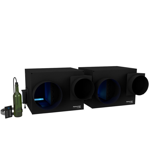 Black ducted wine cellar cooling unit with twin fan housings and circular duct ports