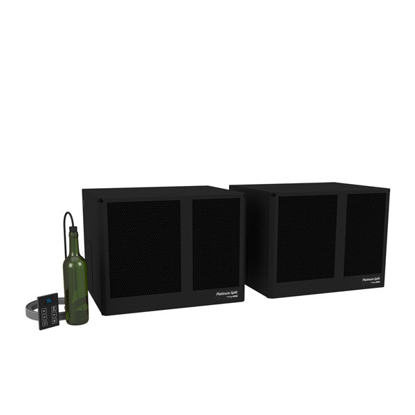 Ductless wine cellar cooling system with two black grille-front units and control