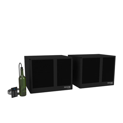 Ductless wine cellar cooling system with two black grille-front units and control