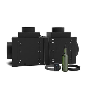Ducted wine cellar cooling system with two black air handling units and tubing