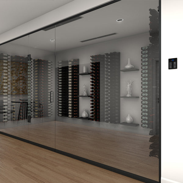 Wine cellar cooling system installed behind glass wall beside bottle storage racks