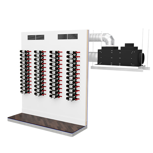 Ducted wine cellar cooling system with vented unit and airflow duct above bottles