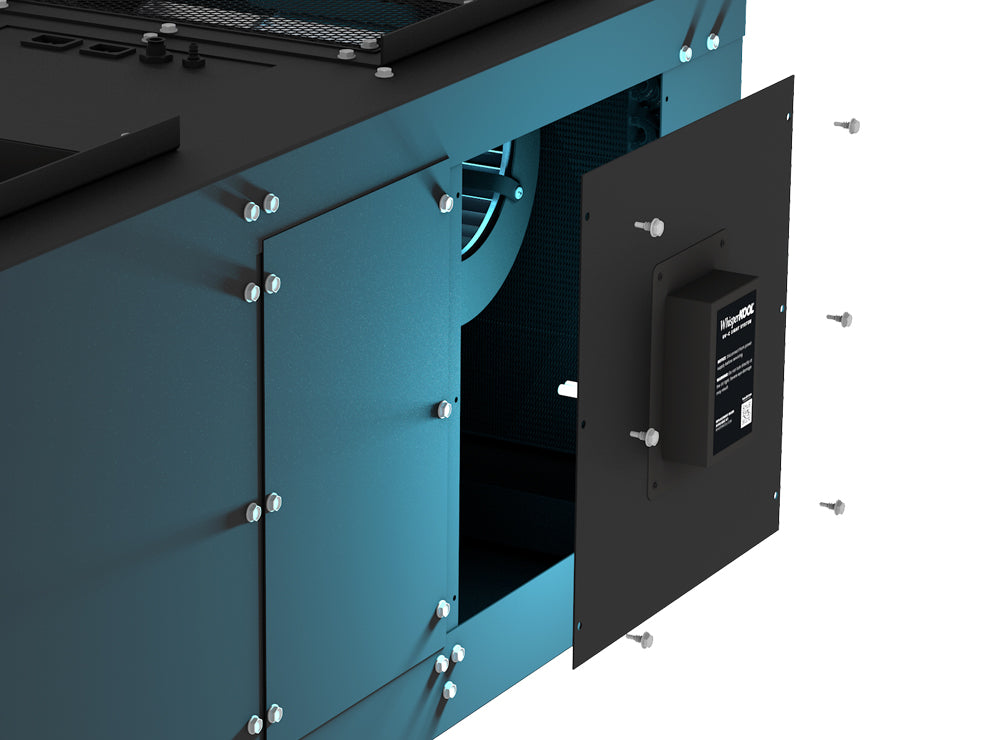 Ducted cooling system side panel with mounting bolts and attached access plate