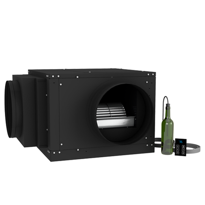 Black ducted cooling module with circular intake, bottle and remote for scale
