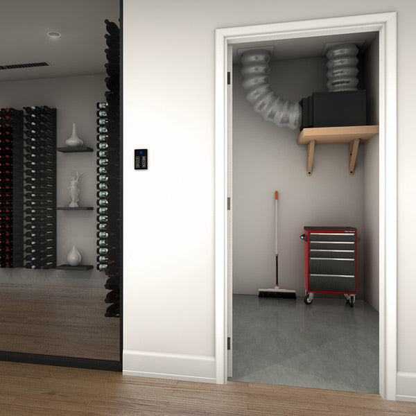 Wine cellar cooling duct in a wall-mounted enclosure behind an open door