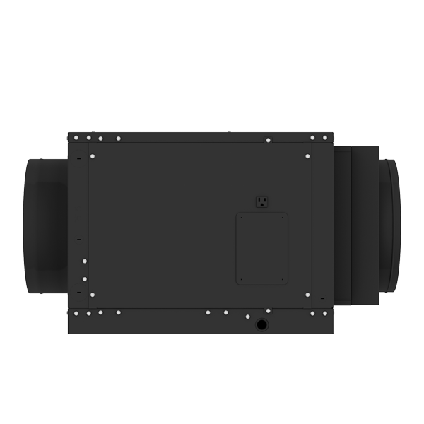 Black ducted cooling unit rear view with ports and mounting hardware