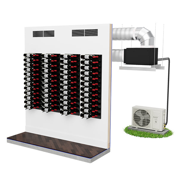 White wall-mounted cooling panel with multiple cooling lines and duct outlet