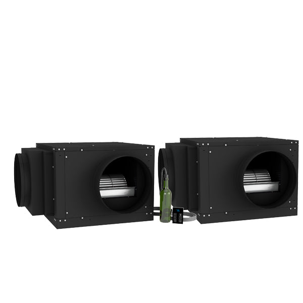 Ducted cooling module with circular intake vents, black housing, and cable connectors