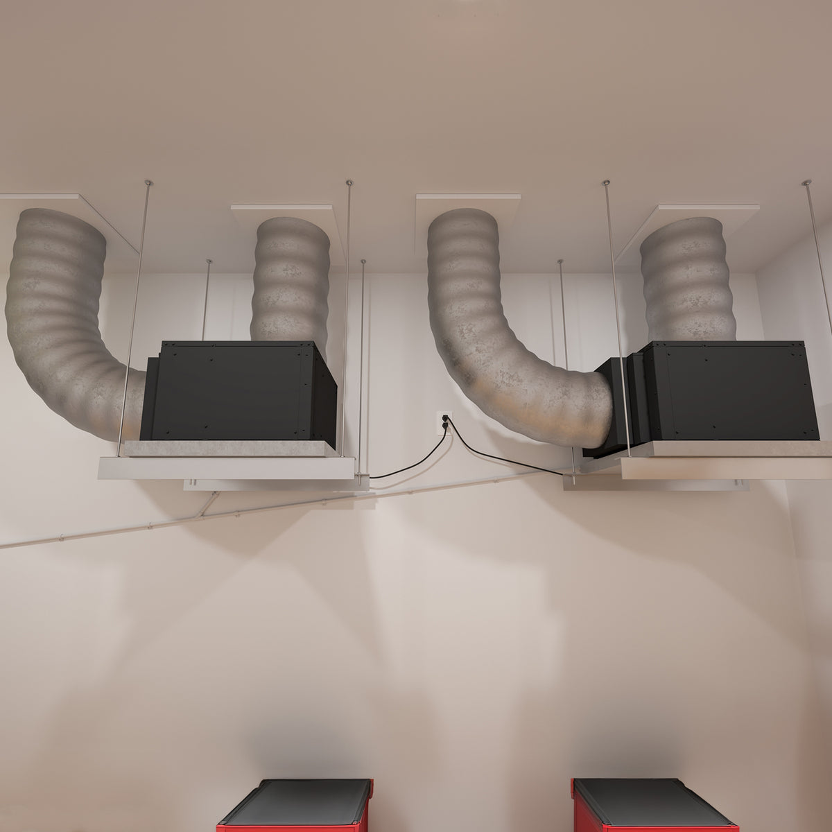 Ceiling ducted cooling units with two black boxes and flexible duct elbows