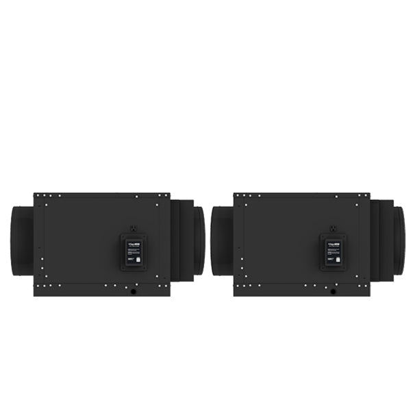 Black ducted cooling unit with two fan housings and a small control panel