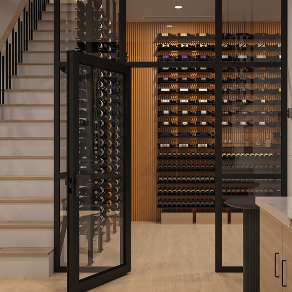 Wine cellar interior with glass doors and rows of bottle shelving
