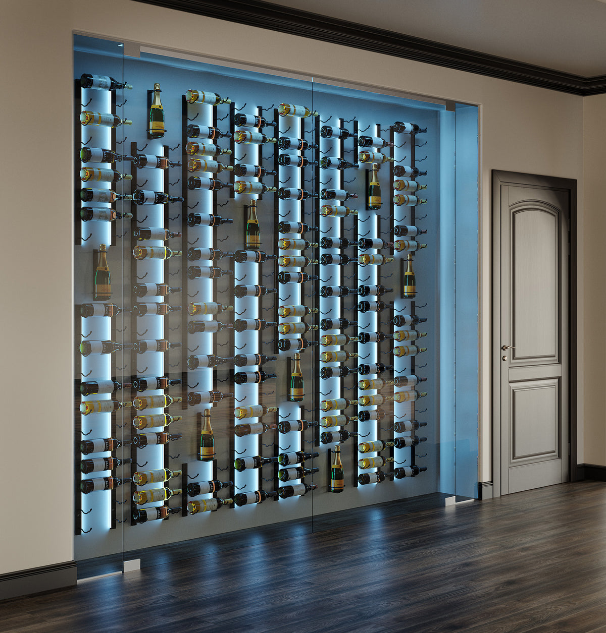 Front view of built-in wall wine rack with many wine bottles on black grid