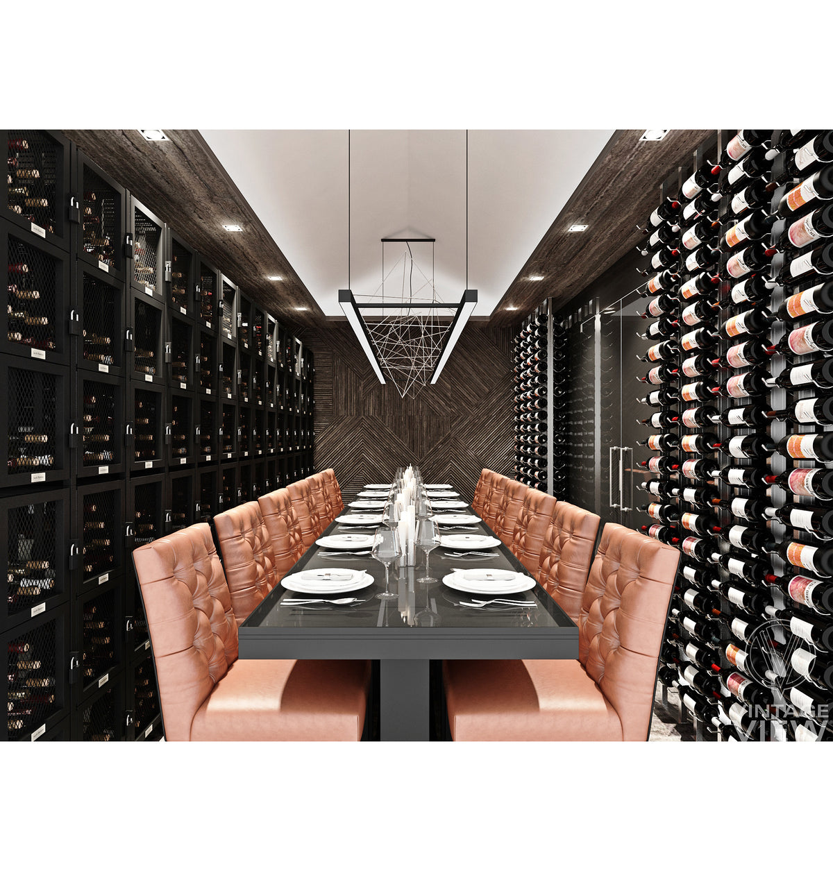 Wine storage walls with bottle racks, multiple rows of wine bottles displayed.