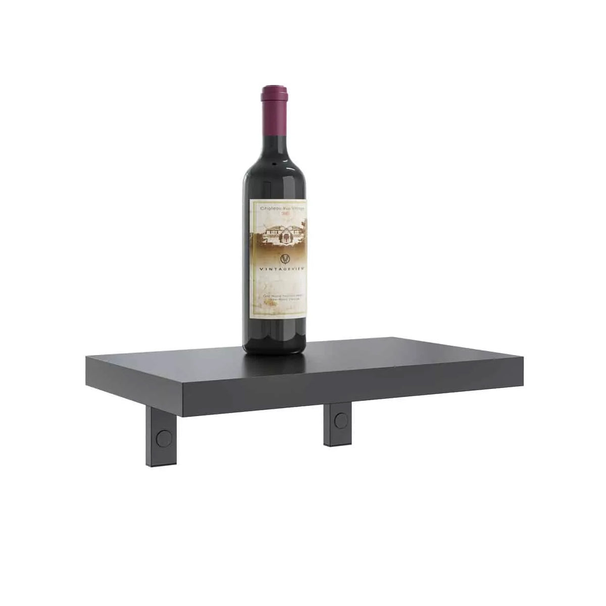 Wall wine shelf with one wine bottle on a dark rectangular shelf platform