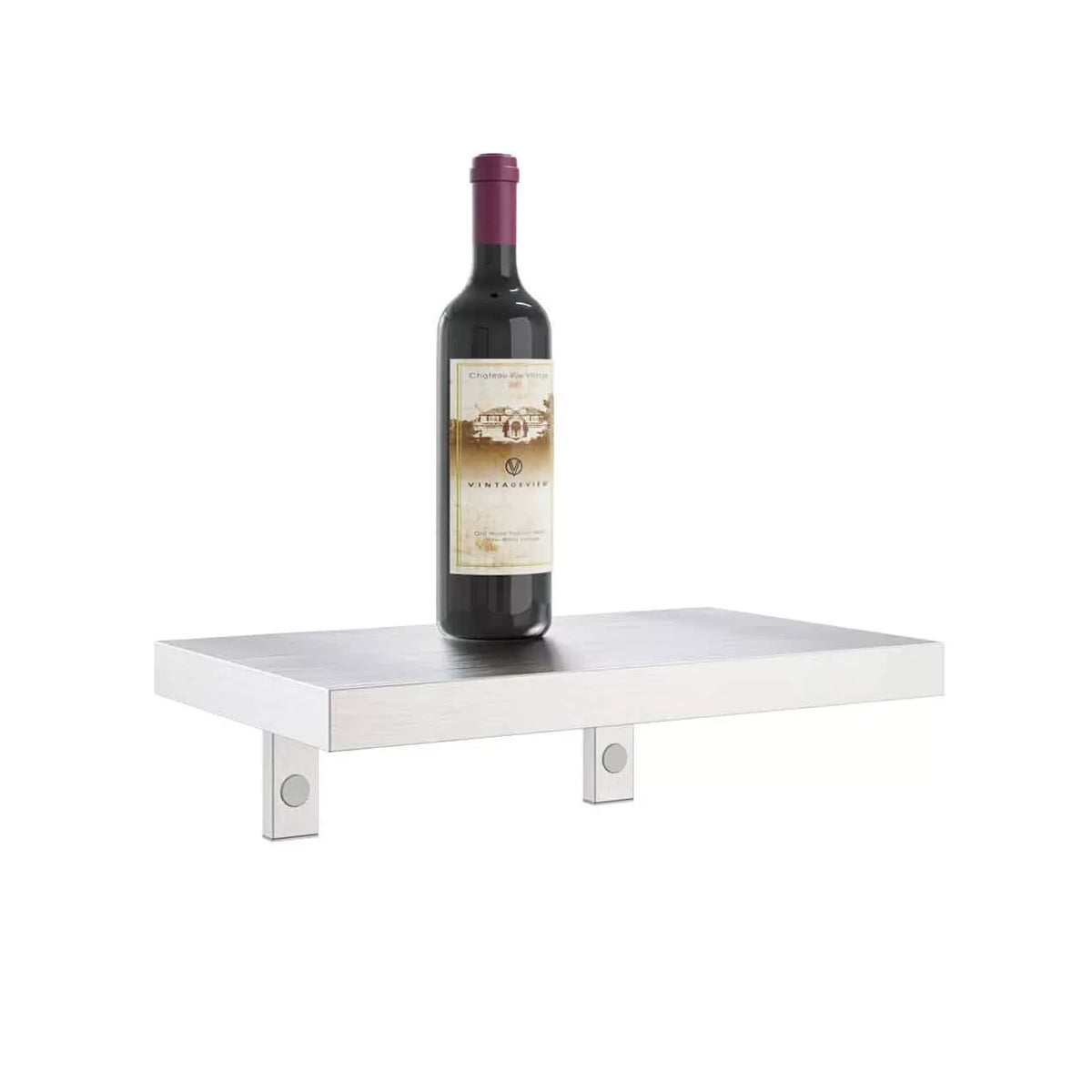 Wall wine shelf with one wine bottle on a light rectangular shelf platform
