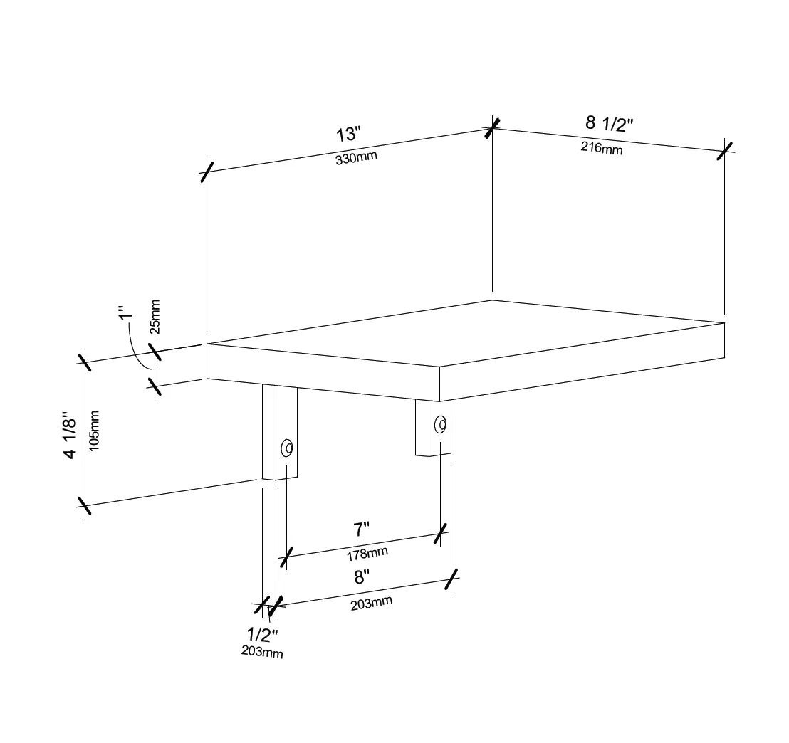 Wall-mounted wine shelf dimensions diagram with labeled 13 in and 8 1/2 in measurements