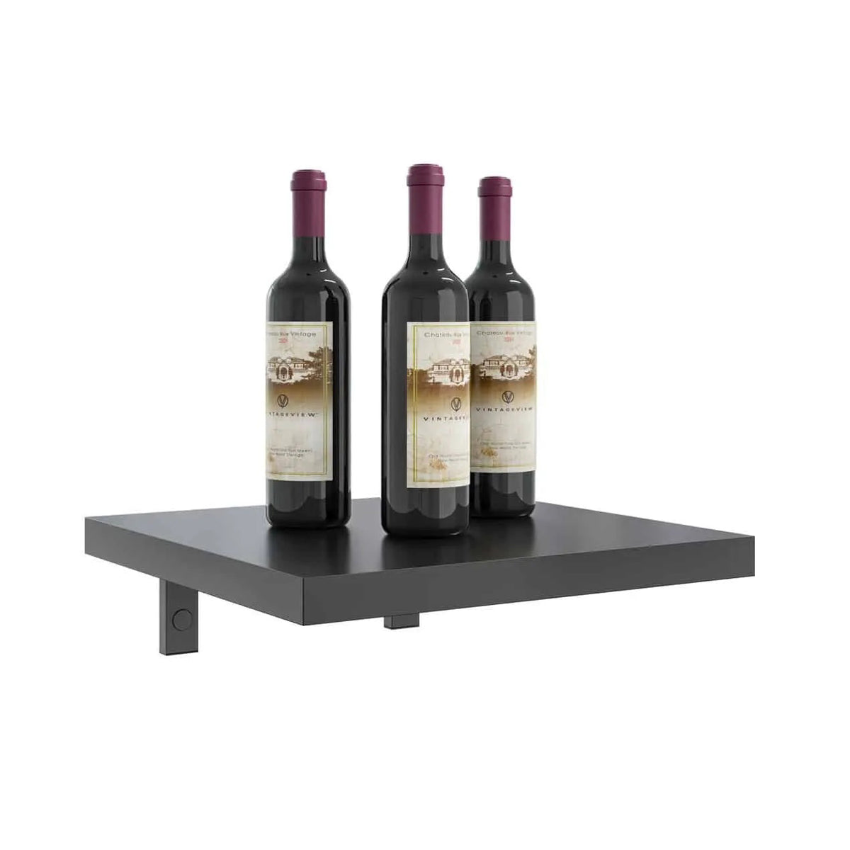 Wall wine shelf with three wine bottles on a dark rectangular shelf platform
