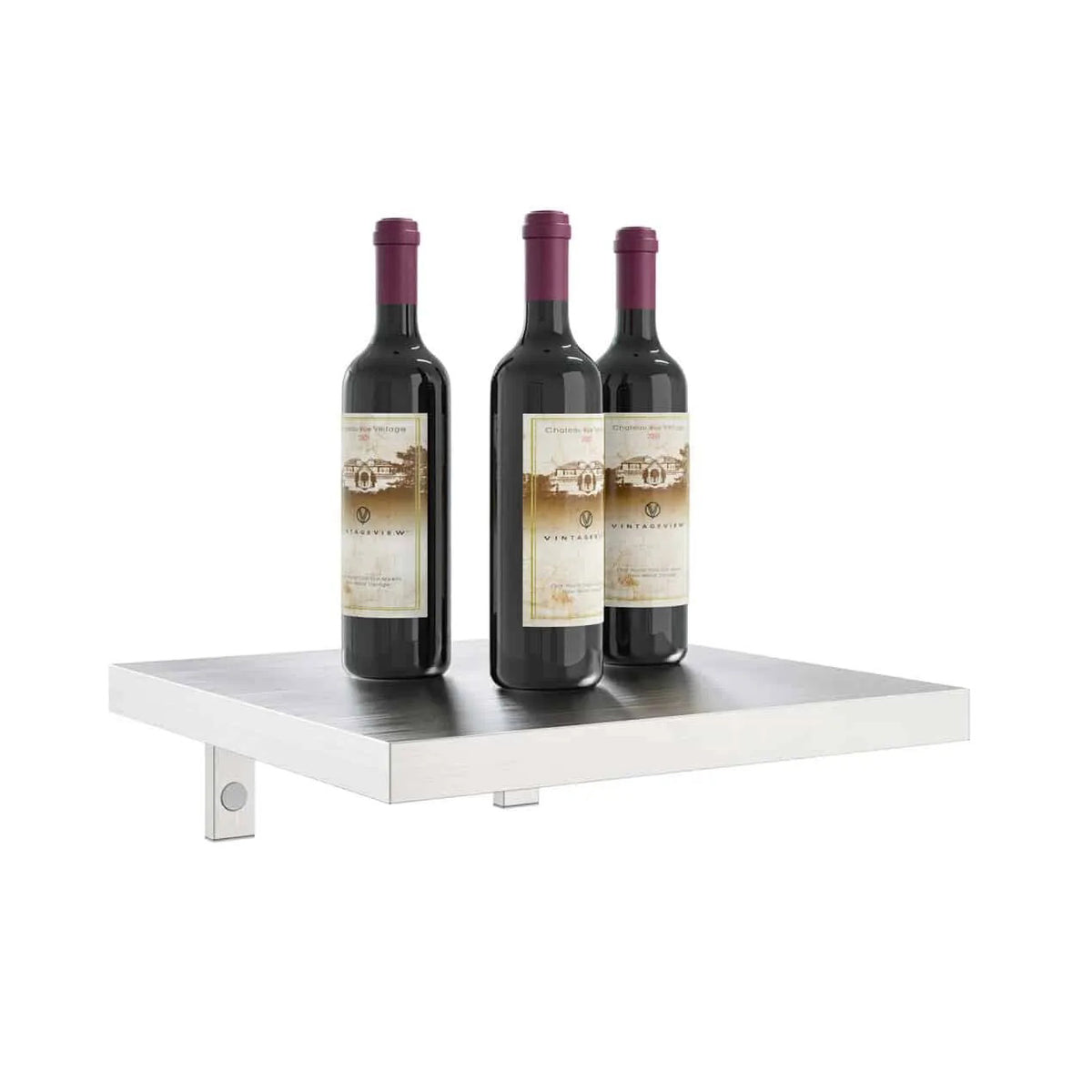 Wall wine shelf with three wine bottles on a light-colored rectangular shelf platform