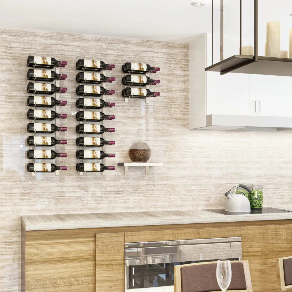 Wall-mounted metal wine shelf with bottle slots, dark frame and multi-bottle layout