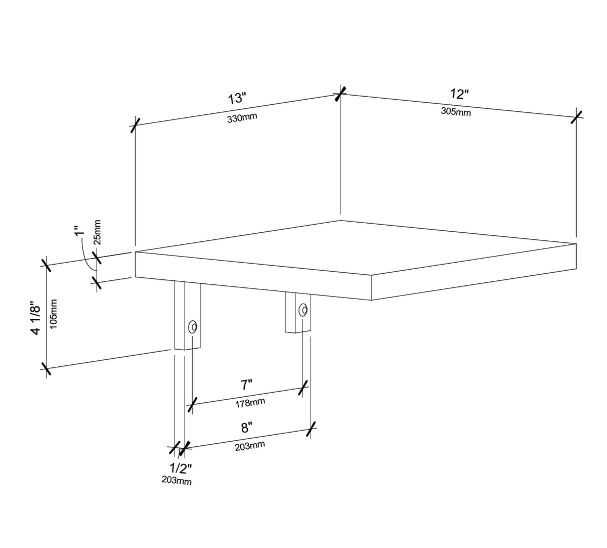 Wall-mounted wine shelf dimensions diagram with labeled measurements and brackets