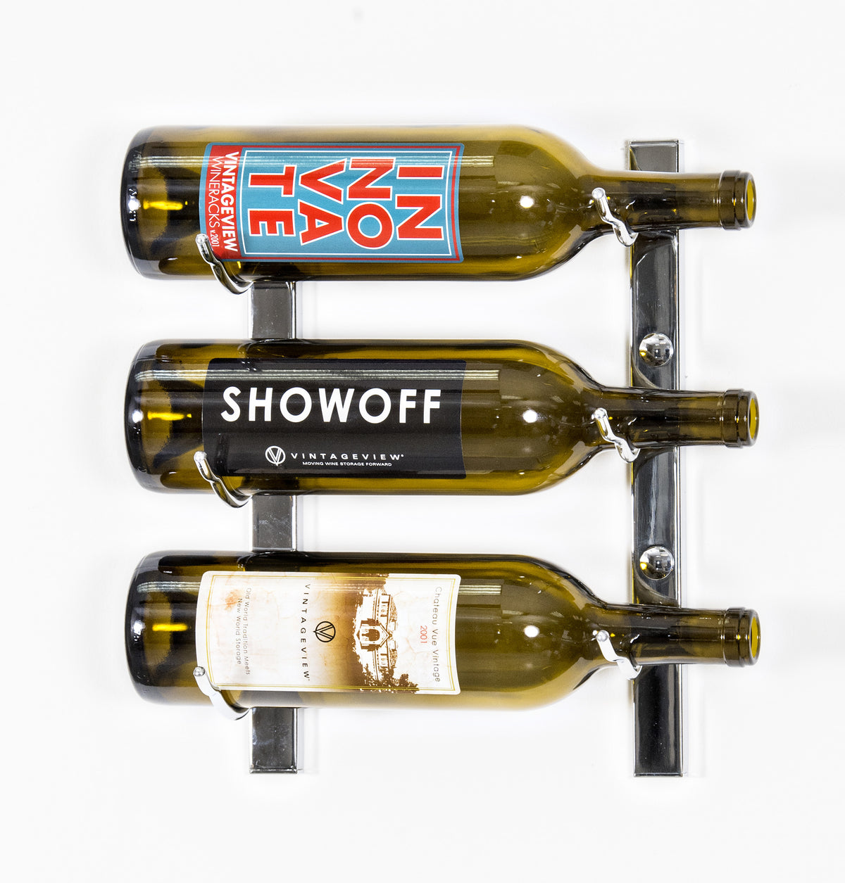 Wall-mounted wine rack with three wine bottles in metal holders, polished finish