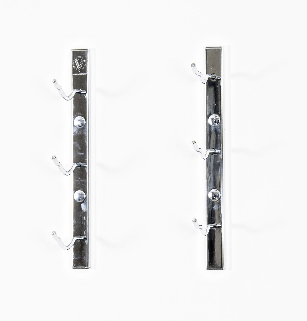 Wall-mounted wine rack bracket set with three curved bottle hooks per side
