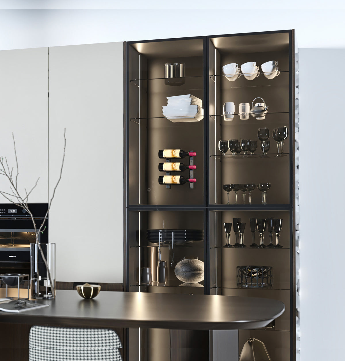Wall wine rack with open shelving and bottle holders in a cabinet