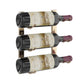 Wall-mounted wine rack holding three wine bottles with maroon bottle caps