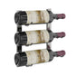Wall-mounted wine rack holding three wine bottles with maroon bottle caps