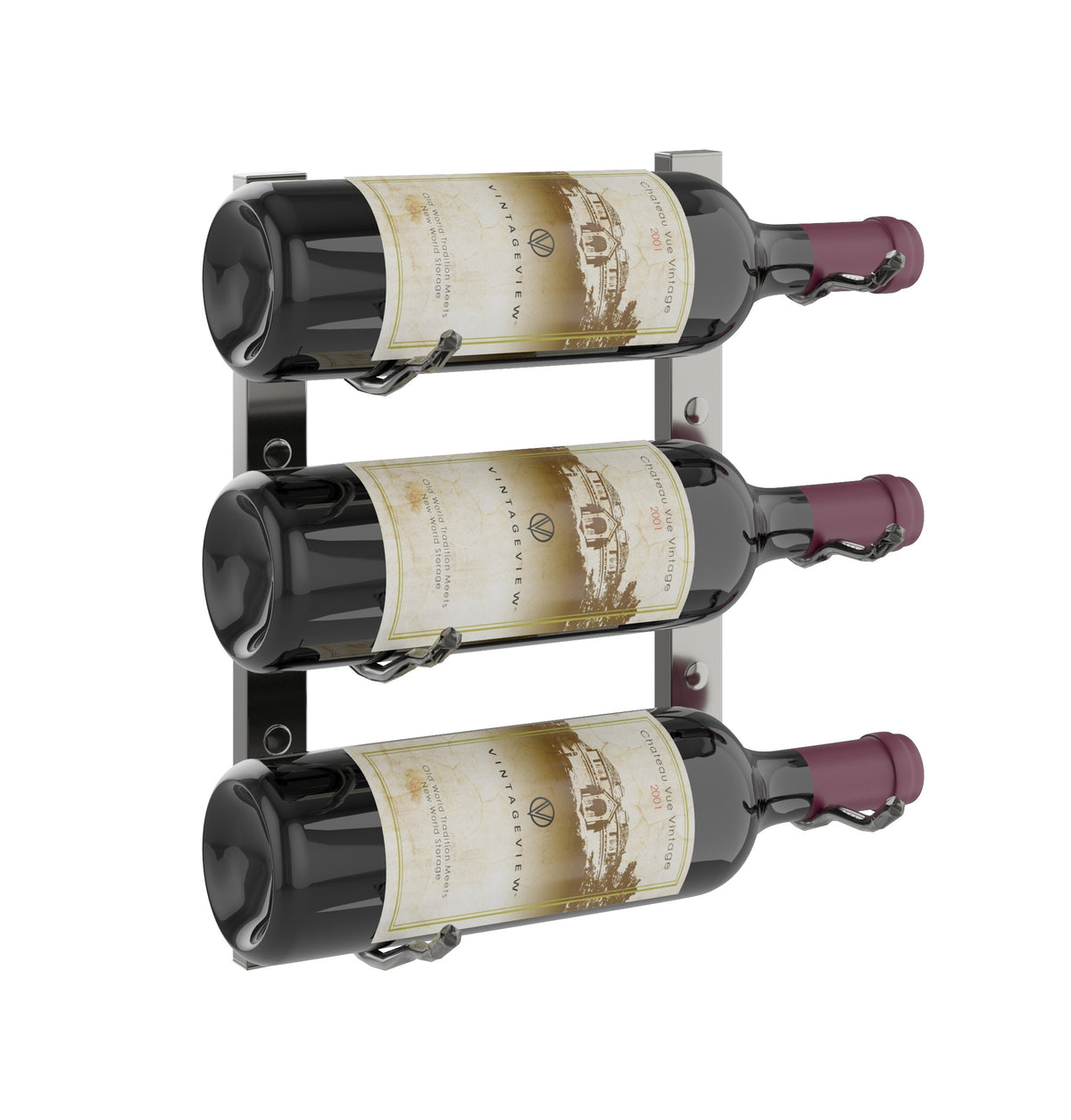 Wall-mounted wine rack holding three wine bottles with maroon bottle caps
