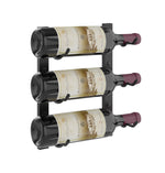 Wall-mounted wine rack holding three wine bottles with maroon bottle caps