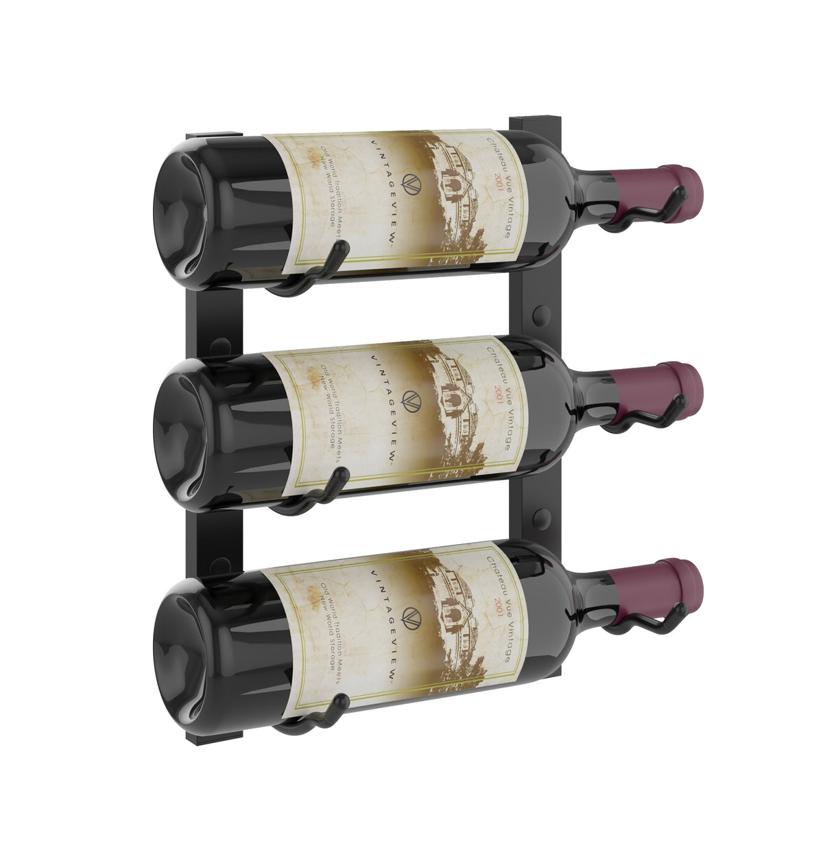 Wall-mounted wine rack holding three wine bottles with maroon bottle caps
