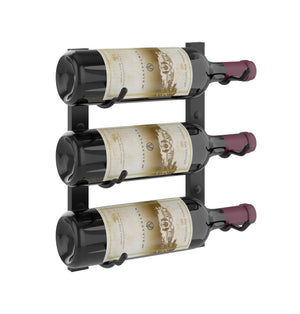 Wall-mounted wine rack holding three wine bottles with maroon bottle caps