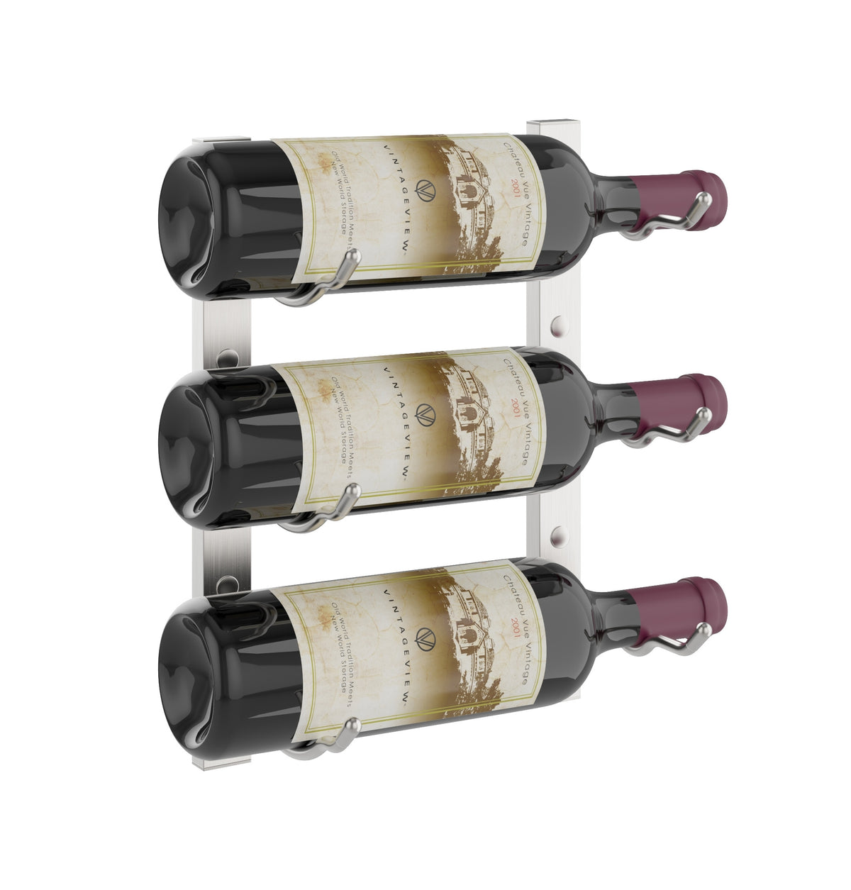 Wall-mounted wine rack holding three wine bottles with maroon accents
