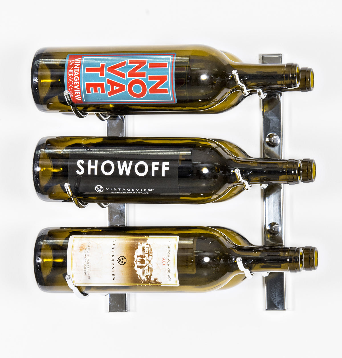 Wall-mounted wine rack with shiny metal frame holding three wine bottles